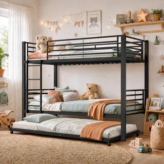 FAVSH Etagenbett 90x200 cm aus Metall, Hochbett mit Rausfallschutz und Leiter, Geräuscharmes Doppelbett, rutschfest, für Jugendliche und Erwachsene, WG & Ferienwohnung, Schwarz D