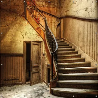 Wallario Outdoor-Poster für Garten oder Balkon, Motiv Rustikale Holztreppe, in ca. 180 x 180 cm - Schwarz