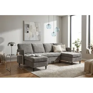 Wohnlandschaft DOREL HOME "LINDHUS, U-Form, Breite 250 cm, verschiedene Stellvarianten, Modulsofa", grau, B:250cm H:80cm T:130cm, 100% Polyester, Sofas, Wohnlandschaft, Recamiere, Stauraum, Cord und Chenille-Bezug
