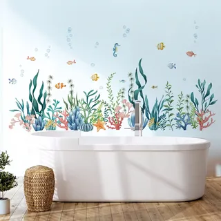 decalmile Wandtattoo Unter dem Meer Seetang Wandaufkleber Fische Korallen Bordüre Wandsticker Kinderzimmer Babyzimmer Badezimmer Wanddeko