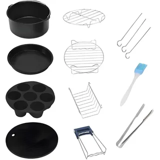 13 Teiliges Heißluftfritteuse Zubehör Fritteuse Set, 16cm Airfryer Zubehör Set mit Backform, Clip, Bürste, Tablettklammer, Quadratischer Grill, Runde Grills, Backstäbchen, Kuchenform, Silikonpad(16cm)