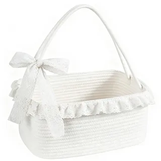Sukizifa Körbchen Mit Henkel Aus Baumwolle, Weißer Geflochtener Geschenkkorb 34 x 25 x 15 cm, Dekokorb Für Hochzeit, Babyshower, Geburtstag Und Aufbewahrung