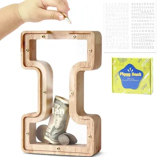DBPBToU Spardose Kinder, Sparschwein Kinder, Buchstaben Spardose Holz, Spardose Personalisiert für Geburtstag Geschenk/Heimdekoration/Keepsake (I)