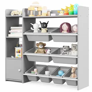 FANTASK Kinderregal mit 8 Boxen, 4-stöckiges Bücherregal mit 2 offenen Regalen & Schrank, Spielzeugregal bis 120 kg für Spielzimmer, Kinderzimmer (Grau)