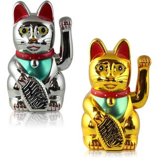 Winkekatze 2er Set Gold und Silber - Winkende Japanische Glückskatze - Wackelfigur Glücksbringer Büro Schreibtisch - Scherzartikel - Abschiedsgeschenk Kollege - Wichtel-Geschenk (Gold & Silber)