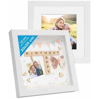 PHOTOLINI 3D Bilderrahmen zum Befüllen 20x20 Weiß, 1,5 cm tiefer Objektrahmen mit Glas, 2X tiefer Bilderrahmen 20x20 Holz MDF mit Passepartout, Dicker 3D Rahmen befüllbar für Gegenstände Geschenk
