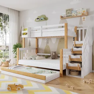 Sweiko Etagenbett, Kinderbett, mit Fallschutz und Gitter, Entworfen mit drei Bettpositionen, mit Rollbett, Spezielles Türverkleidungsdesign, Ecktreppe, Kiefer+MDF, Weiß+Natur, 90x200&120x200cm - Weiß