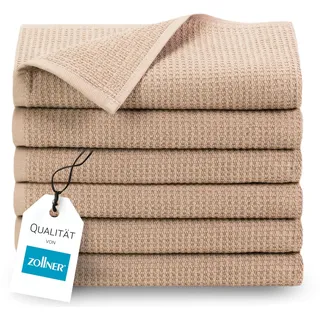 ZOLLNER 6er Set Handtücher in 50x70 cm - langlebige Frottiertücher in beige - mit praktischem Aufhänger - Zeitloses Waffelmuster - waschbar bis 95°C - Baumwolle - Hotelqualität