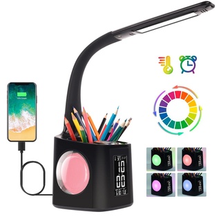 Wanjiaone Schreibtischlampe Kinder LED,Tischlampe Dimmbar mit Uhr, Nachttischlampe Tischleuchte mit 256 RGB Nachtlicht/Stifthalter/USB-Anschluss/3 Helligkeitsstufen/Wecker/für Studium, Büro