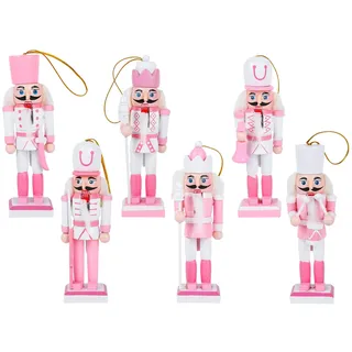 Jodsen 6 Stück Weihnachtsfleisch Holz Nussknacker Soldat 12 cm Rosa Traditionelle Weihnachtskracker Ornamente Holz Nussknacker Figuren Puppenspielzeughänge für Weihnachtsbaum Freien Tischgeschenke