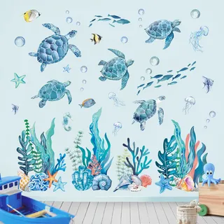 Fufuquare Blaue Meeresschildkröten Seegras Wandaufkleber Untersee Abziehbare und Aufklebebare Vinyl Wandtattoo Badezimmer Küche Wohnzimmer