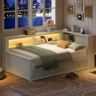 Tagesbett aus Holz, 90 x 200 cm, mit Ablagefächern und 3 Schubladen, Grau - Grau