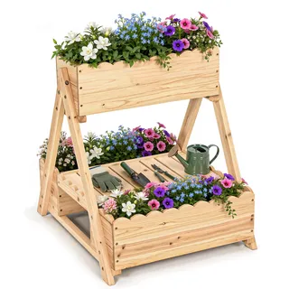 Pamapic 3 Etagen Hochbeet, Vertikal Hochbeet Holz mit Ablagefach & Drainagelöchern, Erhöht Blumenkasten für Gemüse, Blumen, Kräuter, Terrasse, Garten, Balkon, 58 x 67 x 60 cm, Natur