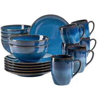 MÄSER 931945 Serie Ossia, Vintage Frühstücksset aus Keramik für 6 Personen, 18-teiliges Geschirr Set mit Frühstücksteller, Kaffeebecher und Müslischalen, modern und mediterran, Königsblau, Steinzeug