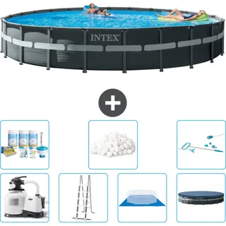 Intex Round Ultra XTR Frame Swimming Pool – 732 x 132 cm – inklusive Pumpe – Leiter – Bodenplane – Abdeckung Wartungspaket - Filterbälle - Reinigungskit