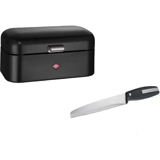 Wesco Set aus 1x Grandy Brotkasten in der Farbe Schwarz aus hochwertigem Stahlblech pulverbeschichtet und 1x Brotmesser mit Edelstahlklinge im Wellenschliff