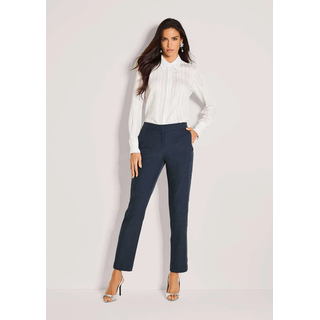Stoffhose MADELEINE "Bügelfaltenhose Jerseyhose mit Kettendekoration", Damen, Gr. 38, N + K Gr, blau (nebelblau, melange), Obermaterial: 68% Polyester PES. 28% Viskose CV. 4% Elasthan EL., Modern, schmal, Hosen Stoffhose, seitlicher Galonstreifen mit Kettendekoration