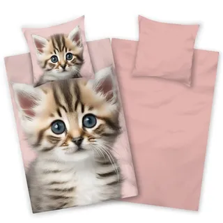 Aminata kids Bettwäsche Katzen 135x200 Biber Kinderbettwäsche Katzenmotiv Mädchen Rosa warm weich Winterbettwäsche Katze