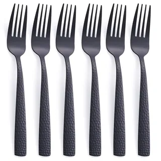 FULLYWARE Matte schwarzes Abendessen-Gabelset aus Edelstahl, 6-teilig, 20,3 cm, schwarzes Besteck, Metall gehämmerte Gabel, satinierte Oberfläche