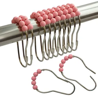 Duschvorhangringe, Edelstahl, Duschvorhanghaken, Acryl-Rollkugeln, rostfrei, strapazierfähig, für Badezimmervorhänge und Vorhänge (Rosa/12 Stück)