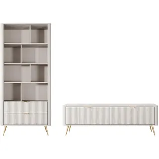 Feldmann-Wohnen Wohnwand Lante beige 2-teilig , Holz , 10 Fächer , Rechteckig , 251x194x38 cm , Wohnzimmer, Wohnwände