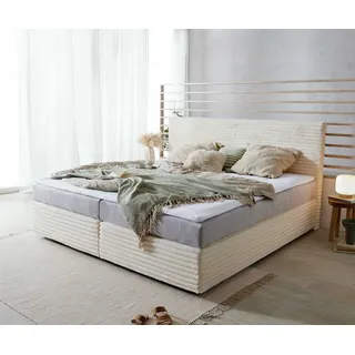 Boxspringbett Dream-Well Plüsch-Cord Beige 200x200 cm mit Taschenfederkernmatratze und Topper Visco