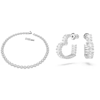 Swarovski Angelic Halskette, Rund, Weiss, Rhodiniert & Matrix Kreolen, Rhodinierte Ohrringe mit Herz-Motiv und Strahlenden Kristallen