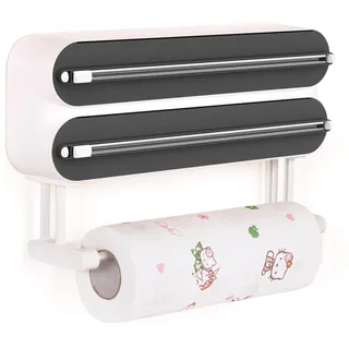 3 in 1 Frischhaltefolienspender mit Küchenrollenhalter - Küchenrollenhalterung mit Cutter - Küchenrollenhalter Ohne Bohren - Wandrollenhalter Küche - Folienschneider - Alufolienspender und Frischhalte