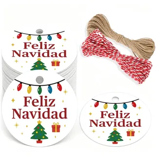 G2PLUS Weihnachtsbaum Geschenkanhänger mit Feliz Navidad: 5cm Papier Weihnachtsanhänger mit Schnur, 100 Stk Weiß Weihnachtliche Etiketten für Geschenkverpackung, Weihnachtsdeko