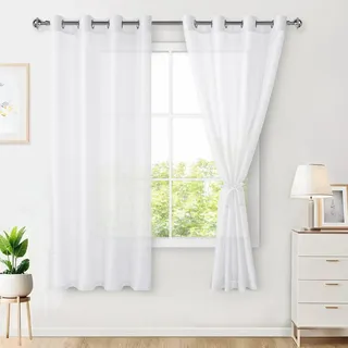 Hiasan 2er Set Sheer Voile gardinen vorhänge gardine Wohnzimmer mit ösen Curtains scheibengardinen Vorhang Transparente Durchsichtig Luftig Dekoschal für Schlafzimmer 145x140cm(HxB) Weiß