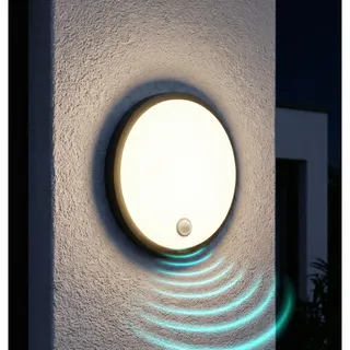 Oktaplex Plato Außenleuchte mit Bewegungsmelder 3000K warmweiss und Dauerlicht Schalter 1010lm LED Wandlampe IP65 Rund anthrazit 10,5W 230V