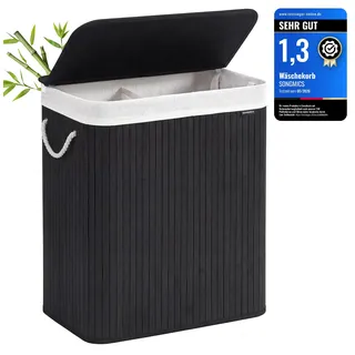 Songmics Wäschekorb 2 Fächer, 100 L Wäschesammler mit Deckel, Wäschebox Bambus, mit Griffen, faltbar, Wäschesack herausnehmbar maschinenwaschbar, Waschküche, schwarz LCB64BK