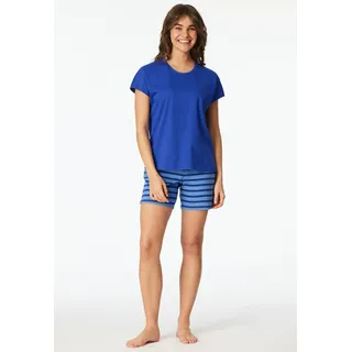 Shorty SCHIESSER "Casual Essentials", Damen, Gr. 48, 819, blau, Single Jersey, Obermaterial: 100% Baumwolle, Basic kurz, Rundhals, Homewear-Sets Shorty, mit unifarbenem Shirt und gestreifter Hose