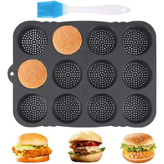 Burger Buns Backform Silikon, Brotbackform Rund 8cm Ø mit 12 Hohlräumen, Antihaft Burger Brötchen Backform, Muffinform Brötchen Blech für Burger, Brot, Puffs, Törtchen, 39.5x29x3cm, Zubehör für Küche