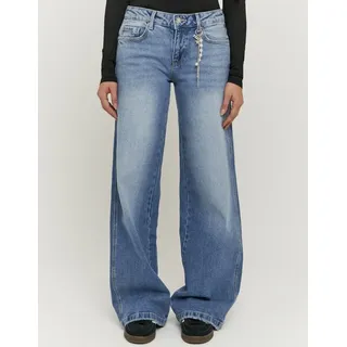 Low-rise-Jeans TALLY WEIJL "SPADEPALLAS", Damen, Gr. 36, N-Gr, medium indigo wash usedeffects, Denim/Jeans, Obermaterial: 69% Baumwolle, 30% Lyocell, 1% Elasthan, Abriebeffekte, straight fit lang, Jeans Low-rise-Jeans, Baumwollmischung, Low-Waist mit geradem Beinverlauf und Strass-Anhänge