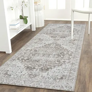 Famibay Teppich Schlazimmer 60x120cm Läufer Flur Vintage Beige Küchenläufer Waschbar Bettvorleger rutschfest Kurzflor Wohnzimmerteppich für Küche Eingang Haustür