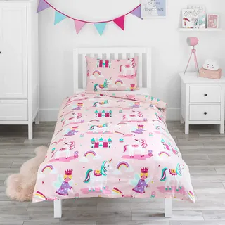 Bloomsbury Mill - Kinderbettwäsche 120 x 150cm Einhorn, Prinzessin und Regenbögen für Kinder - Baby Bettwäsche Mädchen - Rosa & Lila Wendebettwäsche und Kissenbezug-Set für Kleinkinder & Babybetten
