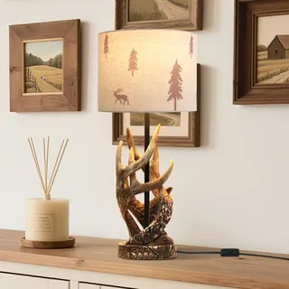 LED Tischlampe Landhausstil Kreative Nachttischlampe mit Kabel,Rustikale Harz Schreibtischlampe Hirsch Lampe mit Hirsch Wald Lampenschirm,Schlafzimmer Wohnzimmer Haus Bauernhaus Dekoration,E27 Sockel