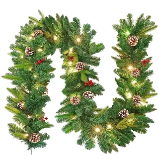 HENGMEI Weihnachtsgirlande mit Beleuchtung 5m Künstlicher Weihnachtstürkranz Tür LED Tannengirlande Weihnachtsdekoration mit Beeren und Tannenzapfen für Haustür, Kamin und Wanddekoration (Grün)