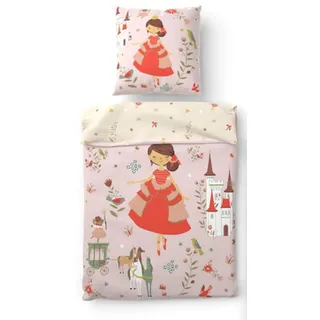 SkyBrands Kinderbettwäsche Prinzessin - Wendebettwäsche für Mädchen, 2-teiliges Set: Bettbezug 135x200 cm & Kopfkissenbezug 80x80 cm, Design NB858, Rosa mit Schloss & Kutsche