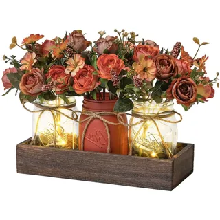 Garvee Set mit 3 rustikalen LED-Tischzentren, Mason Jar Vasen mit künstlichen Blumen, Tablett aus Holz, Elegante Dekoration für Esszimmer, Wohnzimmer, Hochzeiten, Landhausstil