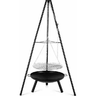 Outdoor Feuerstelle/Grill - Dreibein mit hängendem Topf/Rost - Gusseisen - Holzkohlegrill - Emailliert - Verstellbar - Höhe 152 cm - Tragbar - Schwarz
