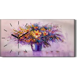 Wandbild Leinwand Bilder mit Uhr 60x30 Wand Kunst groß Gemälde Gänseblümchen - schwarze Hände - Violett
