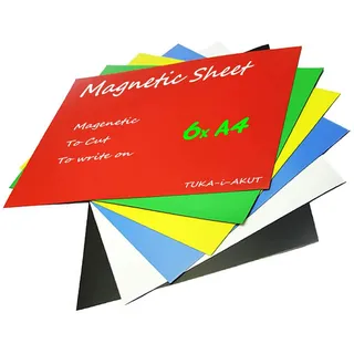 TUKA-i-AKUT 6X A4 Magnetfolie zum Beschriften und Zuschneiden, Flexibel Magnet Tafelfolie Magnetplättchen, Werbelehrmagnet Magnetische Etikett Plakat, 6er Set in 6 Farbe, TKD9040-bunt-A4-6x