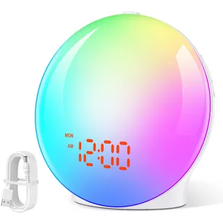 Bawoo Tageslichtwecker Lichtwecker, Sonnenaufgang Sonnenuntergang Wecker Wake up Light mit 7 Natürlichen Töne 8 Farblicht 20 Helligkeit, Schlummerfunktion Radio FM für Erwachsene & Kinder