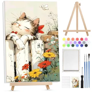 Lxmsja Malen Nach Zahlen Katze Erwachsene mit Rahmen, Malen Nach Zahlen Tier mit Holzstaffelei, Diy Set Erwachsene mit Pinseln und Acrylfarben Handgemalt Ölgemälde Leinwand für Home Décor, 20x30cm