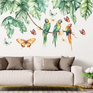 duoyif Wandtattoo Palmblatt Tropische Wandaufkleber Hängende Rebe Grüne Palmen Blätter Pflanzen Papagei Wandsticker Für Wohnzimmer Schlafzimmer Kinderzimmer Küche Wanddeko Sofa Hintergrund (b)
