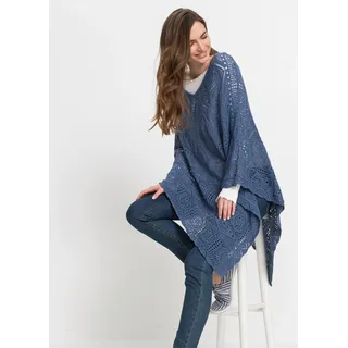 Strickponcho BONPRIX "Poncho", Damen, blau (jeansblau), Strick, Obermaterial: 50% Baumwolle, 50% Polyacryl, unifarben, figurumspielend ca. Mitte Oberschenkel, V-Ausschnitt, Pullover Strickponcho, mit hohem Baumwollanteil, Häkel-Optik, figurumspielend, Zipfelsaum