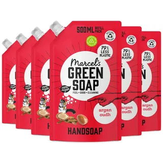 Marcel's Green Soap - Handseife Nachfüllpack Argan & Oudh - Nachfüllbeutel - Mikroplastikfreie Formel - Vegan - Verpackung recycelbar - 500 ml (6er Pack)