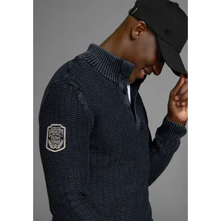 Troyer MAN'S WORLD "Bis Größe 5 XL", Herren, Gr. XXL (60/62), blau (dunkelblau), Grobstrick, Obermaterial: 100% Baumwolle, washed, regular fit, Rippstrickbündchen, Pullover Troyer, mit Ärmelbadge